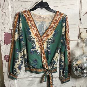 Flying Tomato Paisley Wrap Blouse - Green and Cream w/ Orange Elastic Cuff XS
